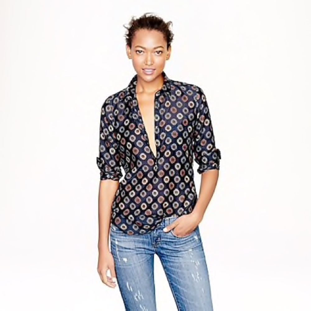 Jcrew Foulard Print Cotton & Silk Popover Shirt